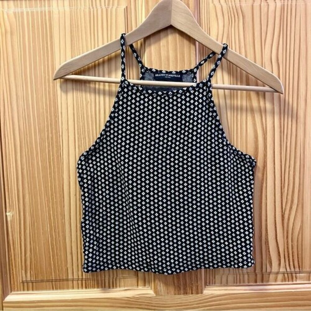 Brandy Melville black top w white diamond pattern sleeveless cropped crop tank
